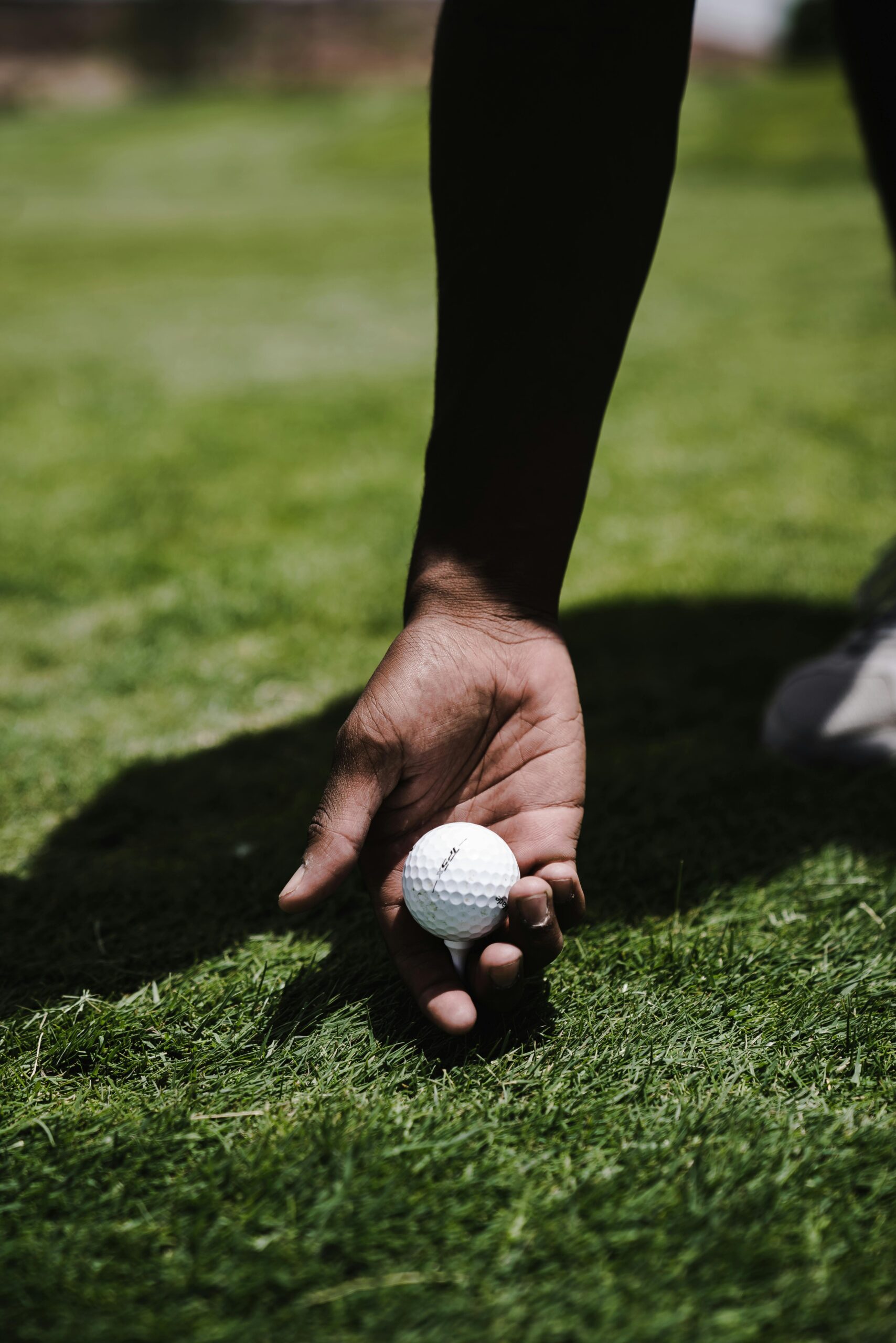 A close-up shot of a hand holding a golf ball on a green golf course.